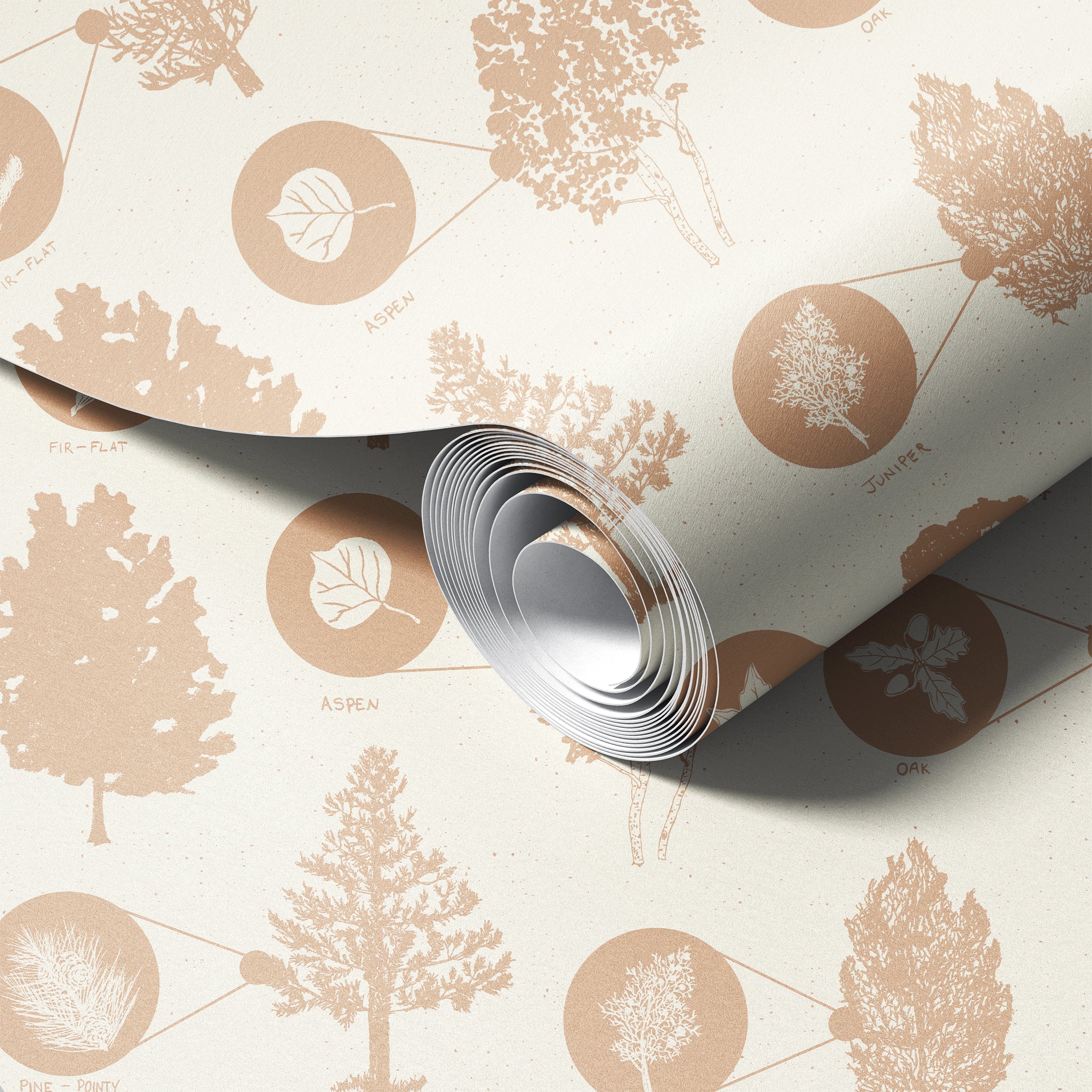 A room with white walls covered in a blue and brown nature-themed wallpaper featuring hand-drawn illustrations of trees and leaves. The room also has wooden furniture and a patterned area rug.